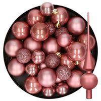 Kerstversiering kunststof kerstballen met piek oud roze 6-8-10 cm pakket van 42x stuks - thumbnail