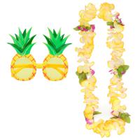 Tropische Hawaii party verkleed accessoires set - Ananas zonnebril - en bloemenkrans geel