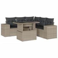 vidaXL 6-delige Loungeset met kussens poly rattan lichtgrijs