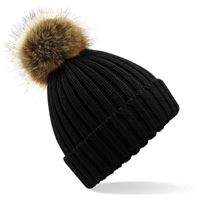 Warme winter muts zwart met bruine pompon voor dames/heren/volwassenen   - - thumbnail