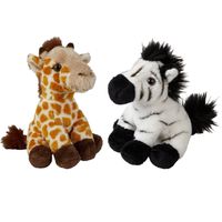 Safari dieren serie pluche knuffels 2x stuks - Zebra en Giraffe van 15 cm - thumbnail