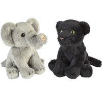 Safari dieren serie pluche knuffels 2x stuks - Olifant en Zwarte Panter van 15 cm