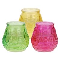 Windlicht geurkaars - 3x - geel/groen/roze glas - 48 branduren - citrusgeur - thumbnail