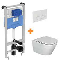 Luca Varess Calibro hangend toilet en finolisso wc-bril hoogglans wit randloos met inbouwreservoir en gratis Ideal Standard Oleas M1 glanzend wit bedieningspaneel