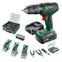 Bosch Groen UniversalImpact 18V | Accuklopboorschroevendraaier | 1.5 Ah + 2.5 Ah accu + lader | + SystemBox en 46-delige accessoiresset 06039D4108