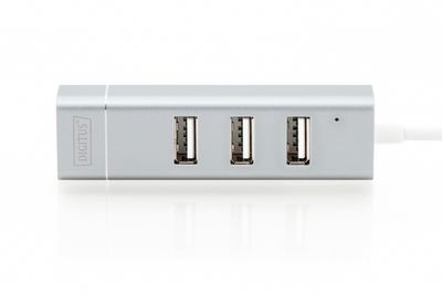 Digitus DA-70253 USB 2.0-hub 3 + 1 poorten Met USB-C stekker, Met aluminium behuizing, Met ingebouwde converter, Met metalen behuizing Aluminium