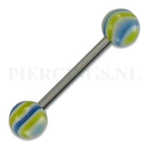 Tongpiercing gegolfd blauw geel