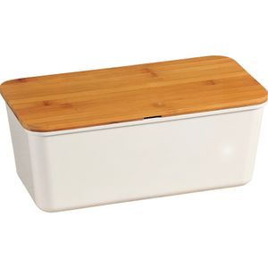 Witte brood bewaarbak/bewaardoos met bamboe houten snijplank deksel 18 x 34 x 14 cm   -