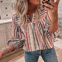 Dames Overhemd Blouse Gestreept Afdrukken Dagelijks Casual Lantaarn mouw Lange mouw V-hals Rood Lente Herfst Lightinthebox - thumbnail