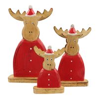 Houten Beelden Rendier Rood met Kerstmuts (Set van 3) - thumbnail