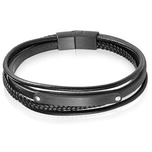 Mendes Heren Armband Zwart Leer Edelstaal ID Graveerplaat-21cm