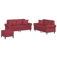 vidaXL 3-delige Loungeset met kussens kunstleer wijnrood, fauteuil, 3-zitsbank, sofa, 2-zitsbank, bank, 2 zitsbank, zitbank, fauteuil stoel