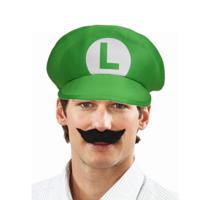 Loodgieter Luigi verkleed set - pet en snor - groen - gamer verkleed accessoires - thumbnail