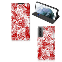 Mobiel BookCase Samsung Galaxy S21 FE Angel Skull Rood - thumbnail