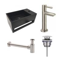 Fonteinset S.S. Solid Surface Mat Zwart Rechts 35.6x20.3x15.9cm Toiletkraan Hendel Clickwaste Sifon Geborsteld RVS