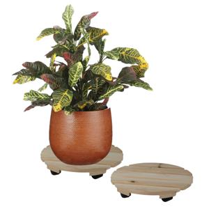 Sunnydays Plantenpot trolley - 2x - hout - naturel - rond - 30 x 30 cm - max 100 kilo