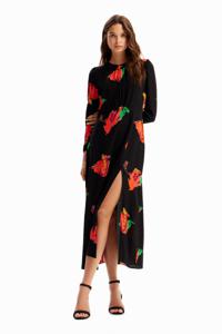 Lange jurk met split en bloemen - BLACK - S