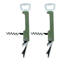 Excellent Houseware flesopener/kurkentrekker - 2x - kelnersmes - khaki groen - 12 cm