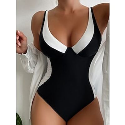 Dames Zwemkleding Normaal Een stukje Monokini Badpakken Zwempak Kleurenblok Hoog getailleerd Zwart Koningsblauw blauw Paars V-Wire Gewatteerd Badpakken Vakanti