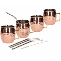 4x Cocktailbeker/cocktailglas Moscow Mule set gehamerd koper 450 ml met RVS rietjes