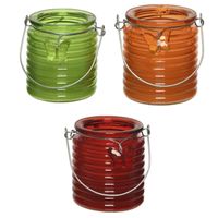 Citronella kaars - 3x - in windlicht - groen/oranje en rood - 20 branduren - citrusgeur - thumbnail