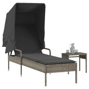 Ligbed met luifel en tafel poly rattan grijs