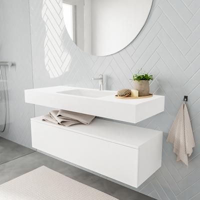 Zaro ALAN vrijhangende wastafel 120cm met wasbak Enkel midden en onderkast in kleur Wit mat 1 lade(s) Zaro ALAN vrijhangende wastafel 120cm met wasbak Enkel midden en onderkast in kleur Wit mat 1 lade(s)