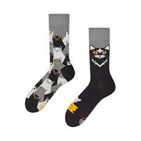 Many Mornings Black Cat / zwarte kat - mismatched sokken met kat, zwart, grijs, wit., 35 EU