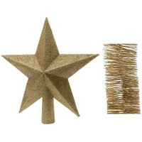 Kerstversiering kunststof glitter ster piek 19 cm en glitter folieslingers pakket goud van 3x stuks