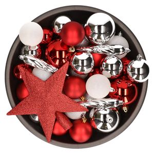 33x stuks kunststof kerstballen met piek 5-6-8 cm rood/wit/zilver incl. haakjes