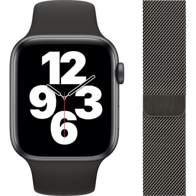 Apple Watch SE 44mm Space Gray Aluminium Zwarte Sportband + Polsband Milanees Grafiet Apple Watch SE 44mm Space Gray Aluminium Zwarte Sportband + Polsband Milanees Grafiet