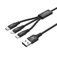 Unitek Premium Multi 3 in 1 USB-oplaadkabel universele meervoudige lader kabel Micro USB/type C/Lightning 3A 1,2 m voor iPhone/Android Smartphone - zwart.