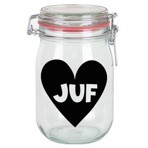 Bellatio Decorations Cadeau voorraadpot/snoeppot - juf - glas - 11 x 11 cm - 1 liter - juffendag   -