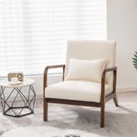 Fauteuil Woonkamer Loungestoel Gestoffeerd Moderne Accentstoel van Hout met Armleuningen Enkele Bank voor Woonkamer Slaapkamer (Beige)