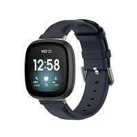 By Qubix - Compatible met Fitbit Versa 3/4 & Sense 1/2 leren bandje - Donkerblauw - Compatible fitbit bandje