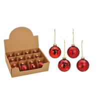 Kerstballen set - 12x stuks - glas - rood - gedecoreerde kerstballen - 6 cm - kerstversiering - thumbnail