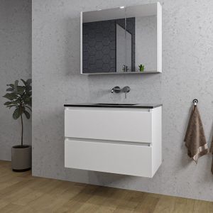 Adema Chaci Badkamermeubelset - 80x46x55cm - 1 keramische wasbak zwart - zonder kraangat - 2 lades - Spiegelkast - mat wit SW718709/SW773931/SW812067/SW812070