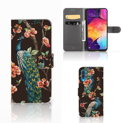 Samsung Galaxy A50 Telefoonhoesje met Pasjes Pauw met Bloemen Samsung Galaxy A50 Telefoonhoesje met Pasjes Pauw met Bloemen