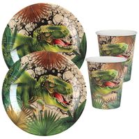 Dinosaurus thema feest wegwerp servies set - 20x bordjes / 20x bekers - groen - thumbnail