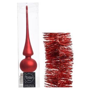 Kerstversiering glazen piek mat 26 cm en folieslingers pakket rood van 3x stuks