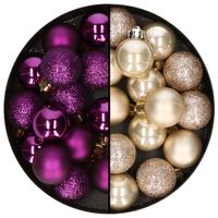 Kleine kerstballen - 28x st - champagne en paars - 3 cm - kunststof - thumbnail