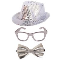 Carnaval verkleed set hoed-strikje-bril zilver glitters - thumbnail