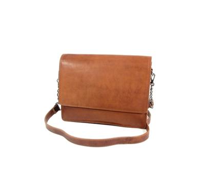 strak leren 2 vaks dames kleptas schoudertas cognac