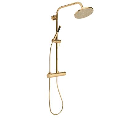 Doucheset Nomi Opbouw Rond Geborsteld Goud 20cm Thermostaatkraan Glijstang Regendouche Handdouche Doucheset Nomi Opbouw Rond Geborsteld Goud 20cm Thermostaatkraan Glijstang Regendouche Handdouche
