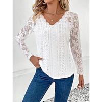 Dames Blouse Effen Kleur Kant Vetergat Dagelijks Elegant Lange mouw V-hals Wit Lente Herfst Lightinthebox