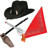 Carnaval verkleeds set cowboyhoed Nevada - zwart - rode hals zakdoek - holster met revolver - thumbnail