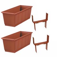 Set van 2 kunststof plantenbakken terracotta rechthoekig 40 cm met 4 verstelbare balkon/muurbeugels