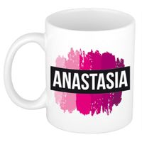 Naam cadeau mok / beker Anastasia met roze verfstrepen 300 ml - thumbnail