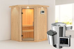 Karibu | Nanja Sauna met Dakkraag | Helderglas Deur | Kachel 3,6 kW Externe Bediening