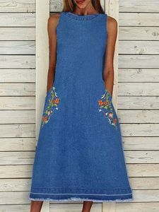 Crew Neck Denim Floral Casual Weaving Dress